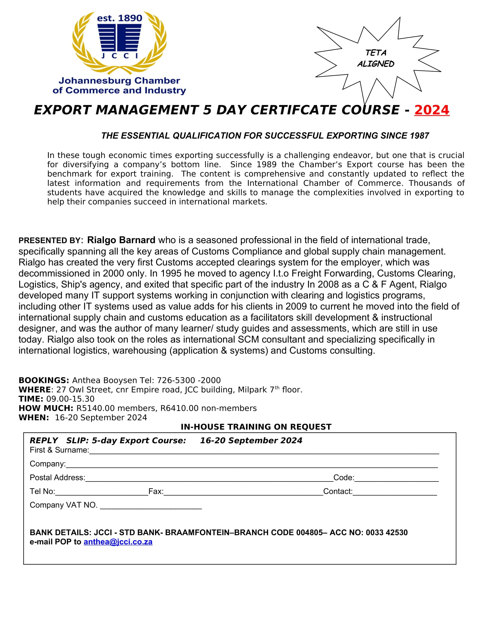 EXPORT MANAGEMENT 5 DAY CERTIFCATE COURSE - 16 - 20 SEPTEMBER 2024